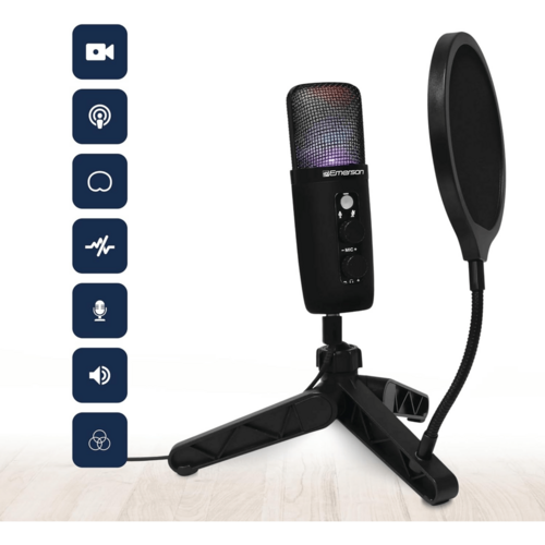 Emerson USB Gaming and Streaming Condenser Microphone with LED