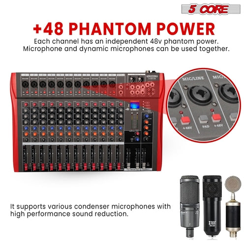 5 Core Audio Mixer 12 Channel DJ Equipment with Bluetooth USB Sound